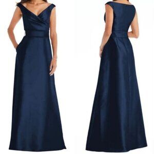 Alfred Sung, 10, Off-the-Shoulder Draped Wrap Satin Maxi Dress in Midnight Blue